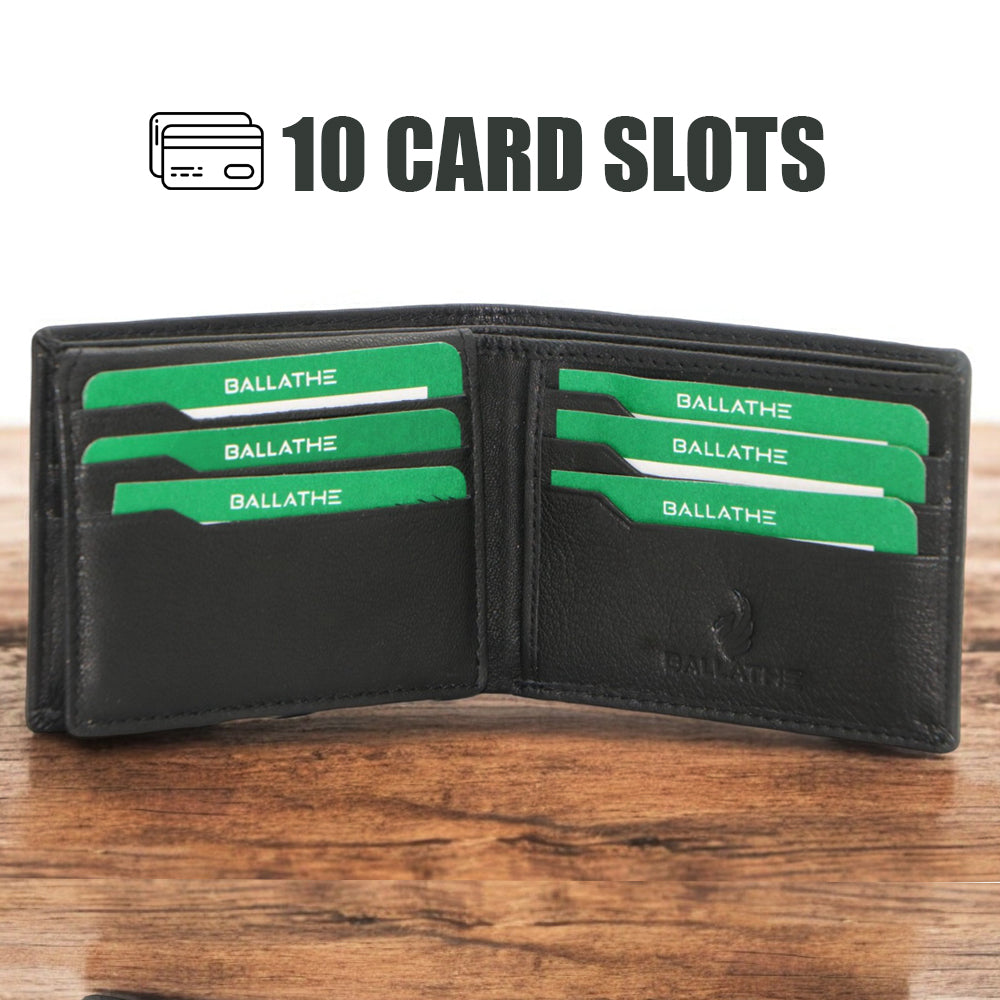 BALLATHE Leather Wallet for Men, 10 Card Slot | RFID Wallet