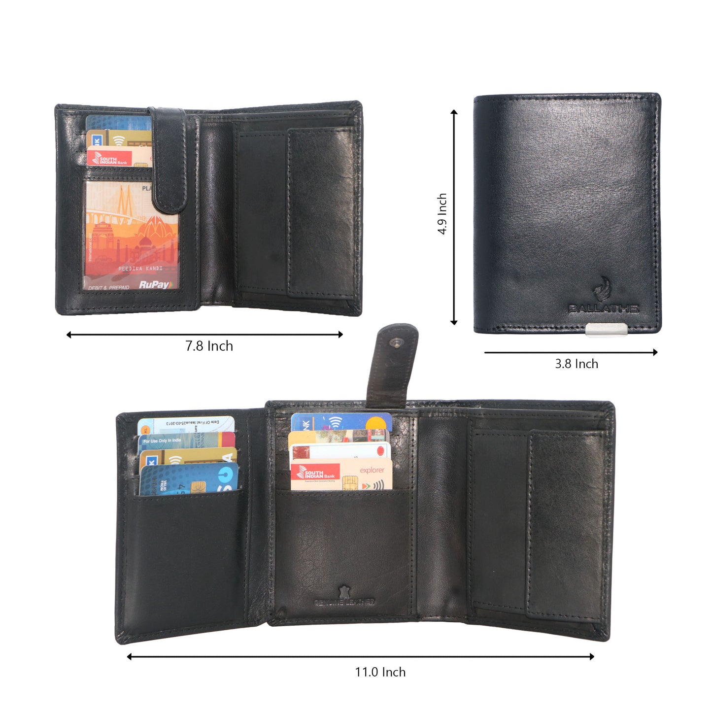 BALLATHE Men Casual, Genuine Leather Wallet for Men - (11 Card Slot) - Stylish, Durable, and Formal (Black)