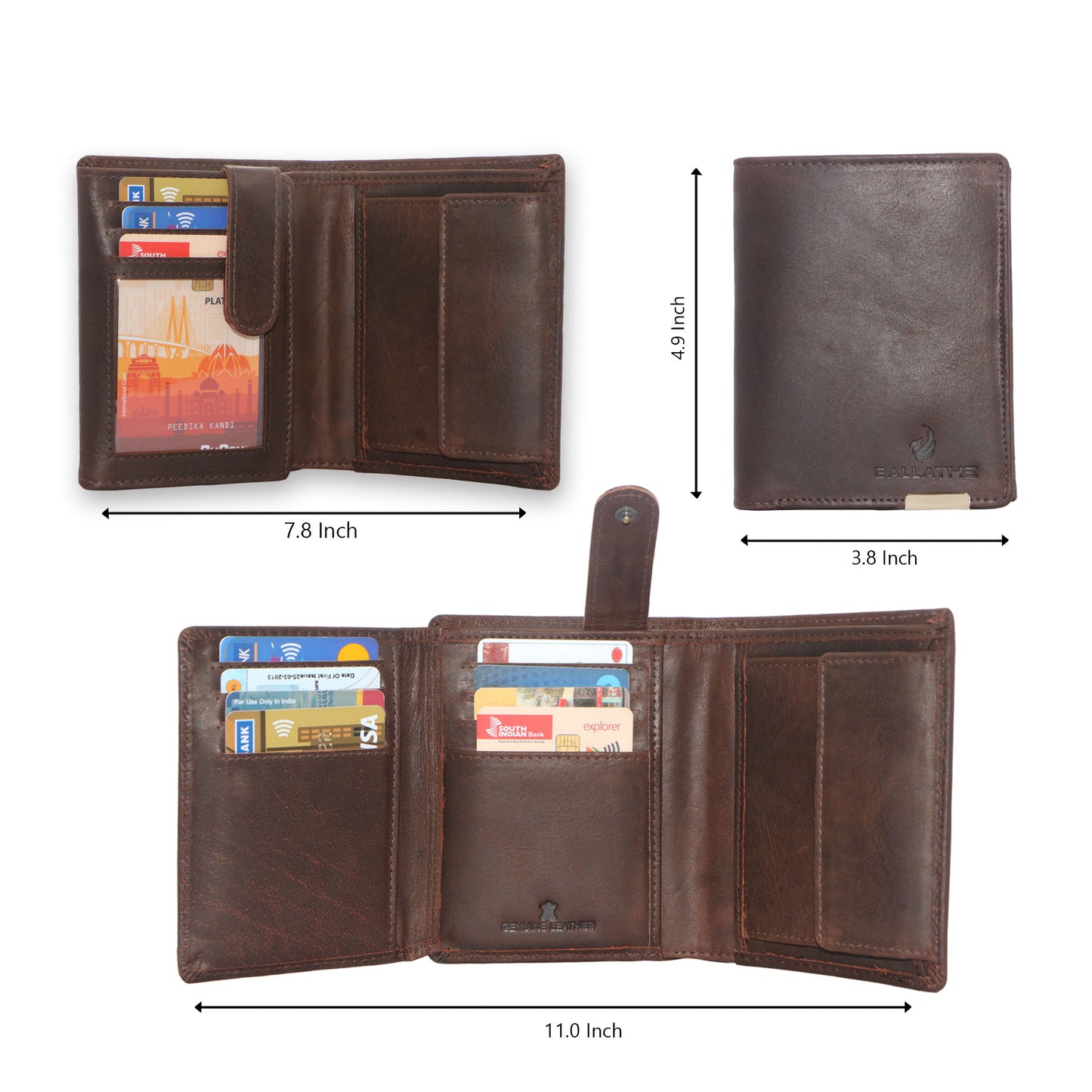 BALLATHE Men Casual, Genuine Leather Wallet for Men - (11 Card Slot) - Stylish, Durable, and Formal (Dark Brown)